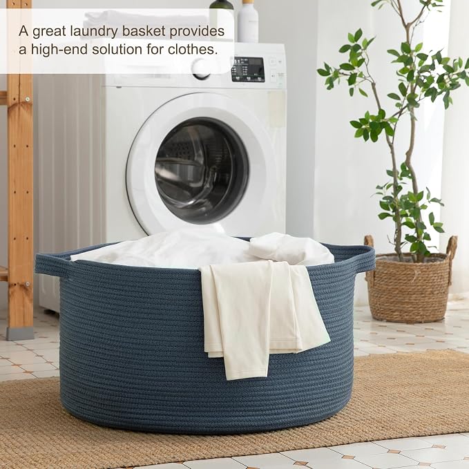 OIAHOMY 90L Extra Large Blanket Basket - Decorative Cotton Rope Storage Basket for Bedroom, Living Room & Nursery - Woven Laundry Hamper for Organizing Blankets, Clothes & Toys - Blue