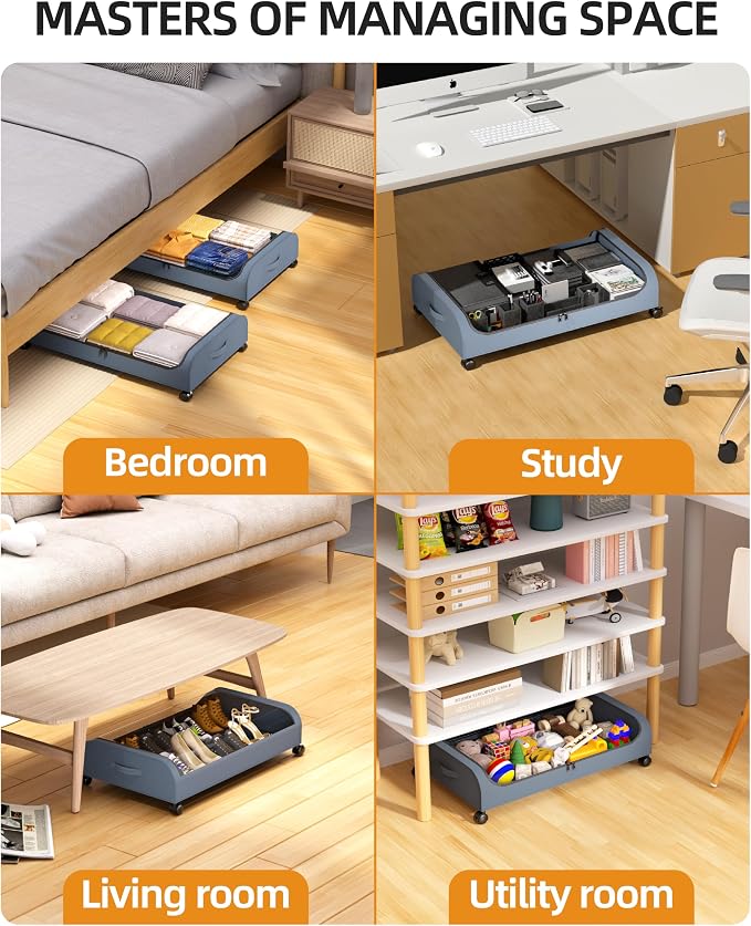 Under Bed Storage with Wheels, 4 Pack Curved Under Bed Storage Containers, 60L Under The Bed Storage Bins, Rolling Under The Bed Storage Metal Drawer for Clothes, Blankets, Shoes-Gray