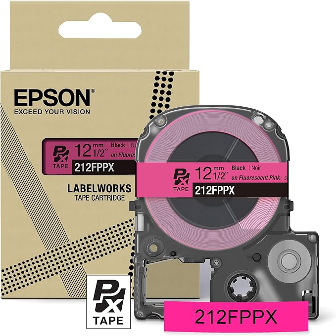 Epson LABELWORKS 212FPPX Tape - Black on Fluorescent Pink - 1/2" (12mm) | Genuine Epson designer craft PET tape for LW-C410PX & C610PX, decorative finish for crafts & decor