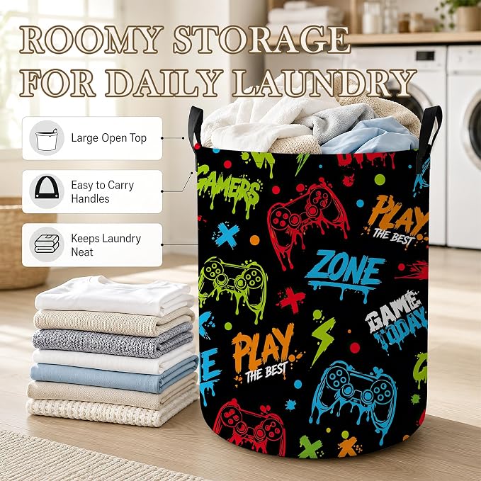 Gaming Zone Laundry Basket, Game Over Collapsible Laundry Hamper Waterproof Oxford Cloth With Handles, Clothes Storage Bucket For Bathroom/Bedroom 16" x 20.8"