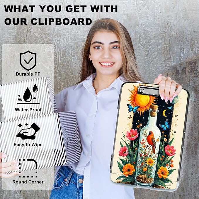 A4 Clipboard with Storage Pen Holder, Clipboards Organizer Nursing Clipboard Foldable File Folder Plastic Clipboard Folio Clip Board for Office Work Classroom Doctor, Drift Bottle Flowers