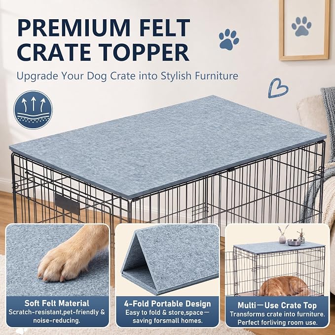Chumia Felt Gray Dog Crate Topper Kennel Lid 48 Inch Foldable Felt Board Pet Crate Topper Decorative for Indoor Home Decor Storage Tabletop Use