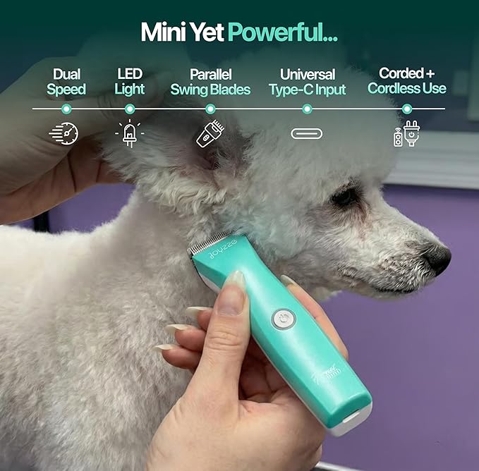 Hornet Mini Trimmer - Compact and Portable Pet Trimming Clippers for Grooming - Low Noise, Rechargeable Cordless Dog Hair Grooming Clippers - Teal