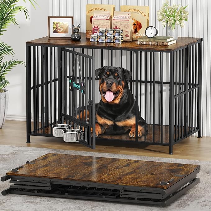 Easycom 43" Foldable Dog Crate Furniture for Large Dogs 60-80 lbs, Brown | No Assembly Dog Cage with Adjustable Bowls and Name Tag, Decorative Wooden Dog Kennel Indoor, End Table