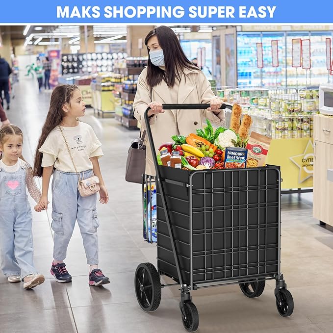 450lbs Capacity Shopping Cart,Upgrade Huge Grocery Cart on Wheels | Heavy Duty Foldable Utility Shopping Carts with Double Basket and 360° Rolling Swivel Wheels for Groceries Laundry Transport