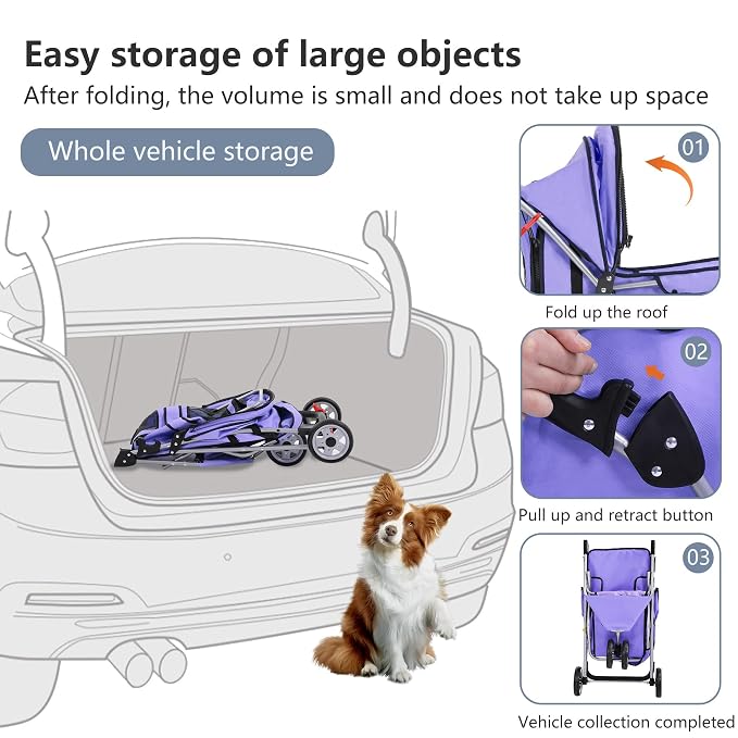 FDW Pet Stroller 3-Wheel Durable Foldable Cat Dog Stroller with Washable Liner Storage Basket Cup Holder,Purple