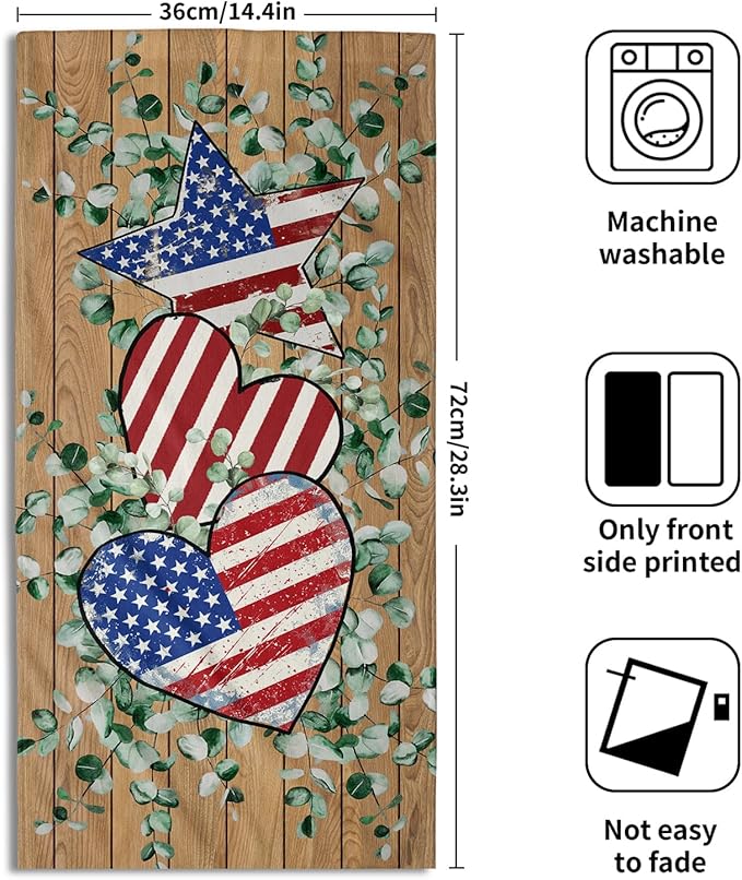 Giwawa American Flag Wood Hand Towels Set of 2 Eucalyptus Leaves Fingertip Towels Stars Heart Kitchen Dishcloth Face Towel Home Bathroom Decor