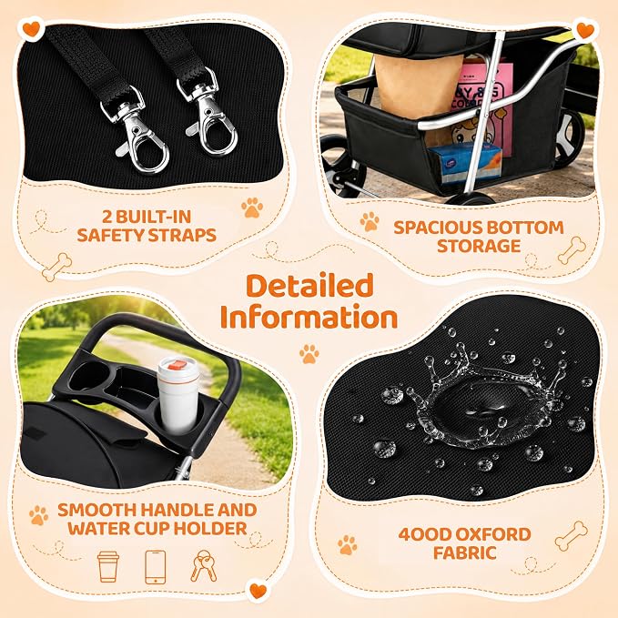 ZENY Foldable Pet Stroller, Cat/Dog Stroller with 4 Wheels | Pet Travel Carrier Strolling Cart with Storage Basket, Cup Holder, Black