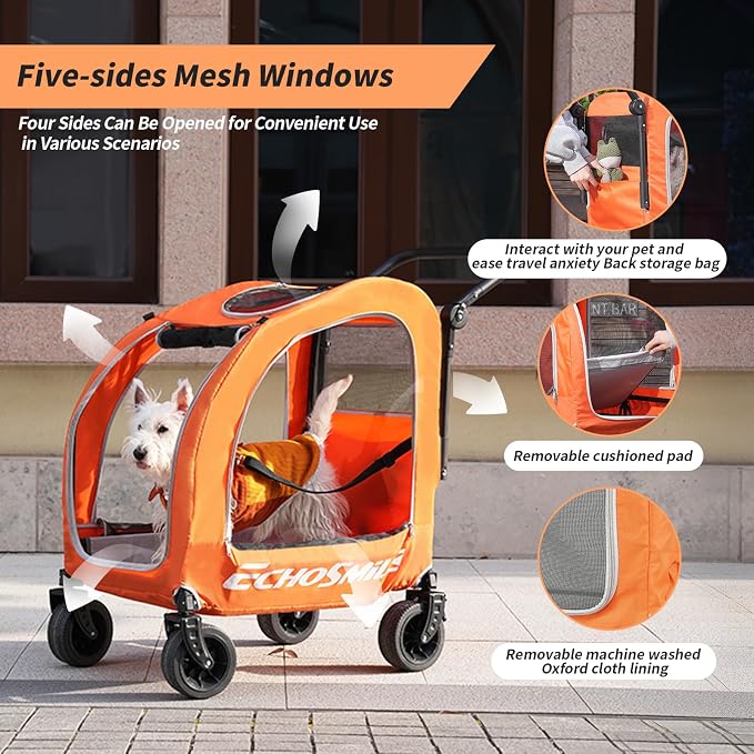 EchoSmile 4-Wheel Pet Stroller for Dogs & Cats, Up to 135 lbs, Orange | Lightweight Carrier · Storage Basket Included · Adjustable Handle · Removable Pad