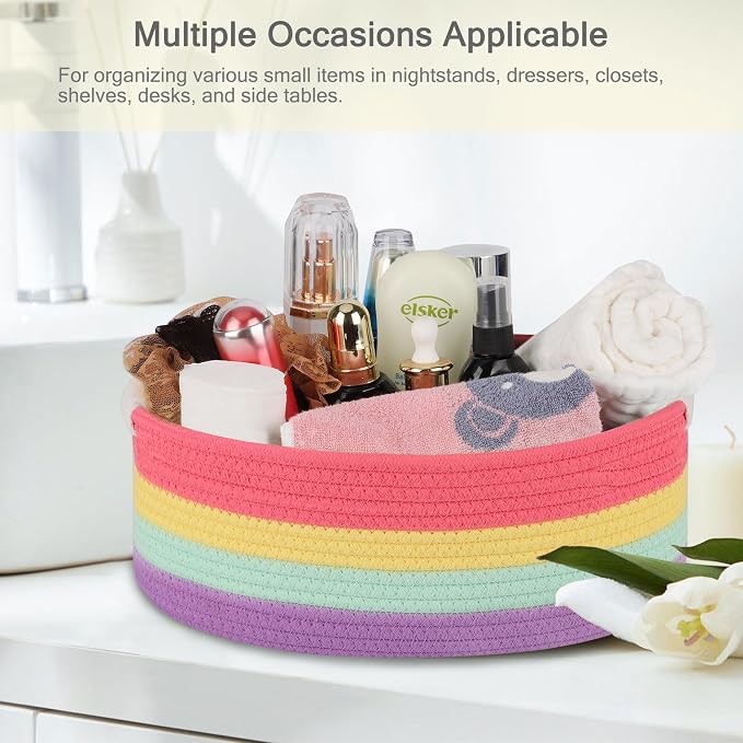 Small Woven Gift Basket with Bag & Ribbons, Rainbow | Cotton Rope, 13”x 9”x 5.5”, Fits for Kids, Women & Men, Bedroom, Living Room, Nursery & Bathroom Storage, Cat & Dog Toy Boxes