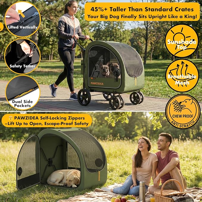 PAWZIDEA 3-in-1 Large Dog Stroller with Detachable Carrier, 45% Extra Tall | Dog Crate Car Travel for 2 Medium Dogs Sit Upright, Foldable Jogger Pet Stroller All-Terrain, Adjustable Handle, Up to 100lbs