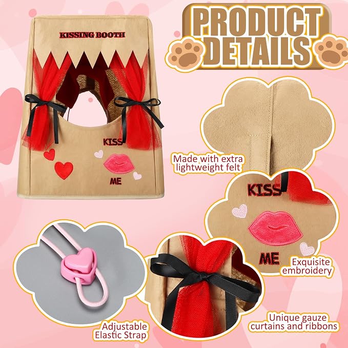Halloween Dog Kissing Booth Costume Headpiece for Pets, Brown, L/XL | Pet Headwear for Dogs Cats with Red Fabric Hearts, Party Birthday Photo Prop, Fun Costume Gift for Pups
