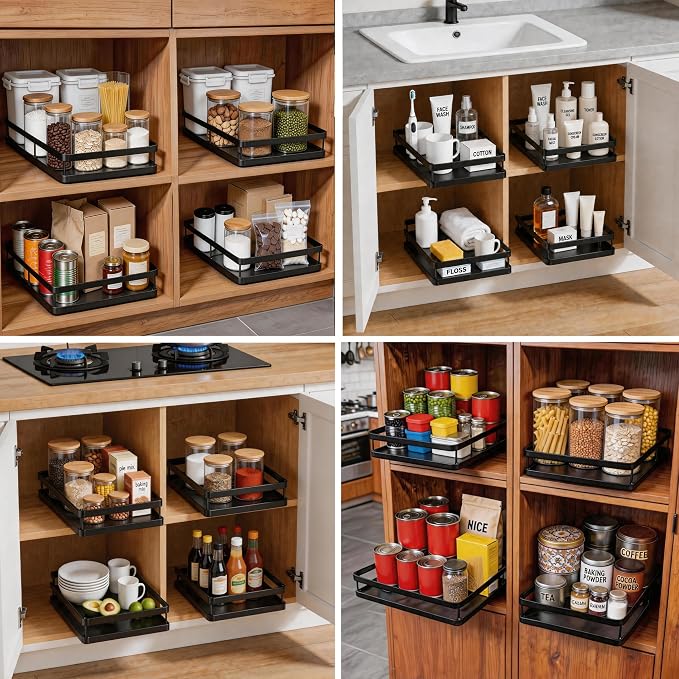 AOVA Pull Out Under Sink Organizer, Single-Tier Metal Sliding Shelf | Carbon steel basket, smooth slide-out rails, no-drill adhesive setup, for kitchen, pantry and bathroom cabinets