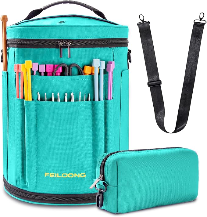 Expandable Crochet Bag, Yarn Storage Organizer & Knitting Tote Bag | Multiple Pockets, with Accessories Pouch shoulder strap, Sturdy Yarn Bags with Zipper Closure, Portable, Gift for Crafters