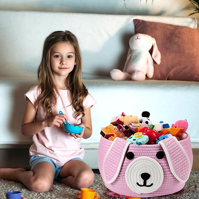 Zopeal Woven Dog Basket with Handle Toy Storage, Pink, 13 x 8 Inch | Pet Gift Basket, Toys Storage Organizer, Cotton Rope Rectangular Bin, Keeps Puppy Items Organized, Sturdy Handles