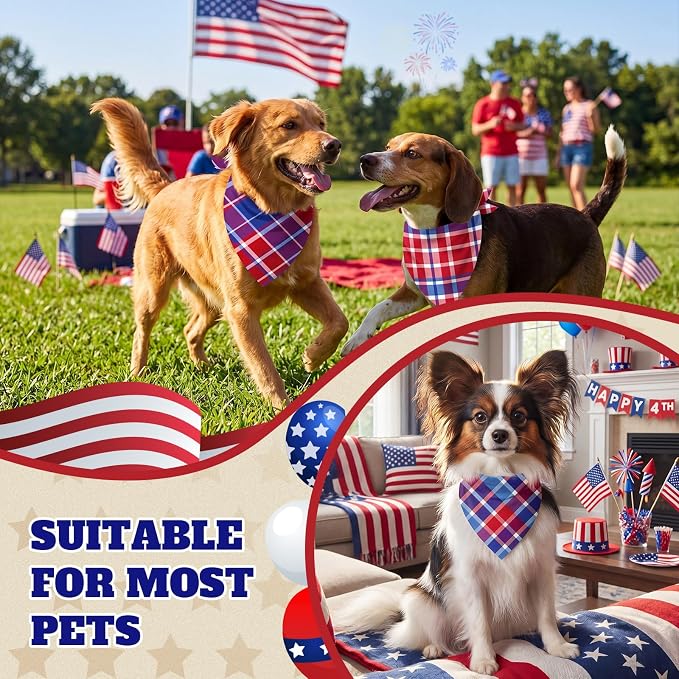 Abbylike 50 Pcs Patriotic Dog Bandanas Bulk, Red White & Blue Plaid