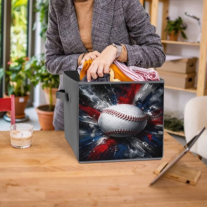Baseball Explosion Art Design Storage Bin with Handles, Oxford Fabric Foldable Storage Cube Organizer for Clothes, Towels, Bedroom, Living Room, Home Organization