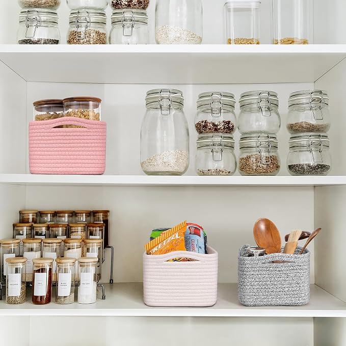 Goodpick 3-Pack Small Storage Baskets, Dorm Decor, 11 x 7 x 4.5 in | Woven Baskets for Shelves, Closet Organizer Bins,Empty Baskets for Gifts, Woven Basket for Play Room, Pink