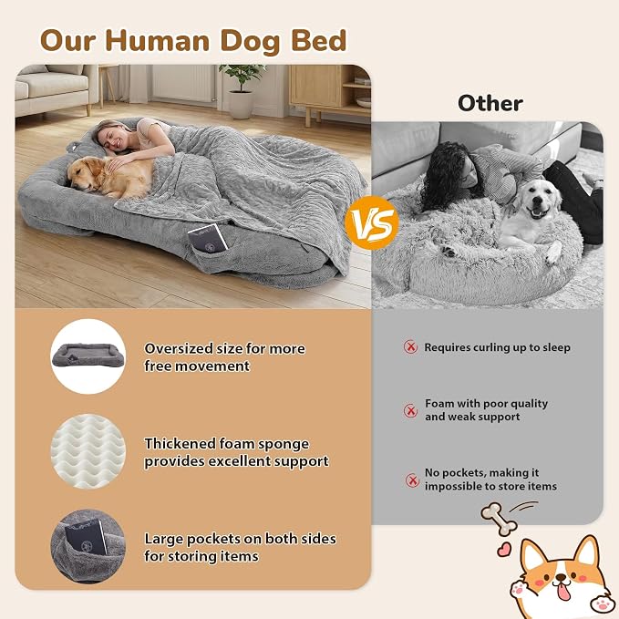 Human Dog Bed 71 x 47 x 12 in, Silver | Memory Foam Dog Bed for Humans & Large Pets, Removable & Washable, with Storage Pocket
