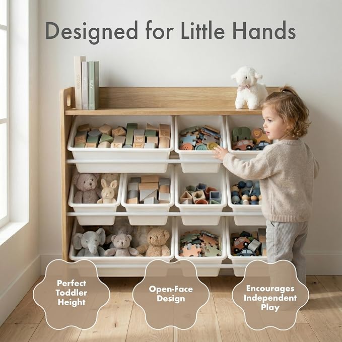 Humble Crew Kids Toy Organizer with Display Shelf, 9 Bins, 3 Tier Storage | Sturdy wood and steel toddler shelf, removable BPA-free containers, wall anchor anti-tip safety kit for bedroom or classroom