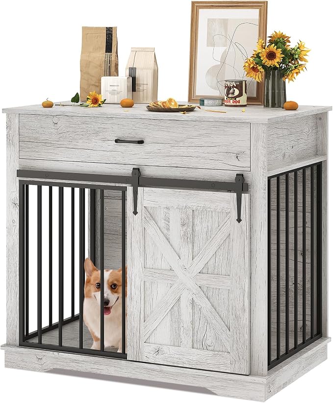 GarveeHome Dog Crate Furniture, 37.8" Large Dog Kennel Indoor, Wooden Kennel Table with Sliding Barn Door and Storage Drawer, Indoor Dog House for Large/Medium/Small Dogs