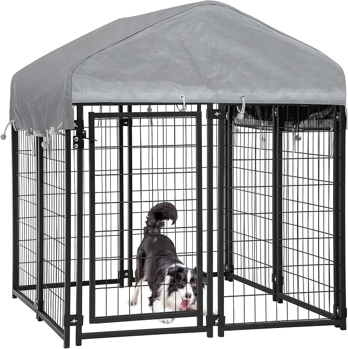 FDW 4 x 4 x 4.3 Ft Dog Kennel Outdoor Welded Wire Heavy Duty Playpen Dog Crate Cage with Waterproof Cover Roof and UV Resistant Pet Kennel Fence with Secure Lock, Black