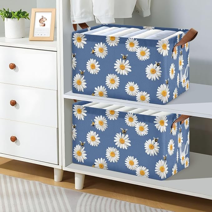 Daisy and Honey Bee Flower Blue Storage Basket Foldable Cube Storage Bins with Handles&Label Waterproof Organizer Box Bin Large Rectangle Decorative Baskets for Shelves Home Room Laundry-2 Pack