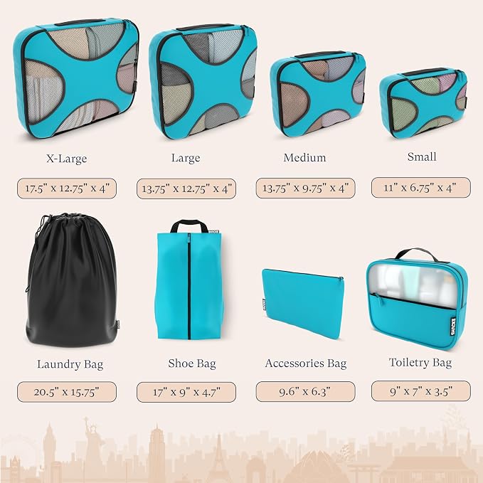 Shacke 8 Set Packing Cubes for Travel, Shoe & Toiletry Bags (Aqua Teal) | Complete Suitcase Organizer Bags Set: 4 Luggage Packing Cubes + Laundry, Shoe, Toiletry & Accessories Bags for Any Trip