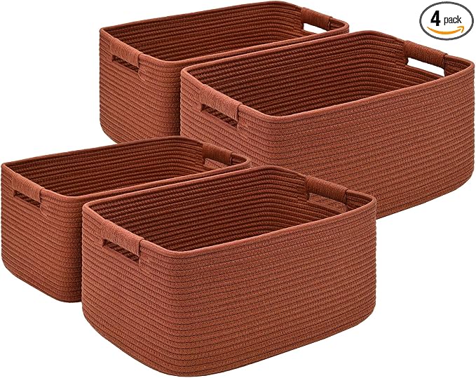 4 Pack Large Storage Basket for Organizing, 17.5"x13"x7" Woven Basket for Shelves, Closet Cube Storage Bins with Wrapped Handle, Cotton Rope Baskets for Kitchen, Clothes, Toys(Oxide Red)