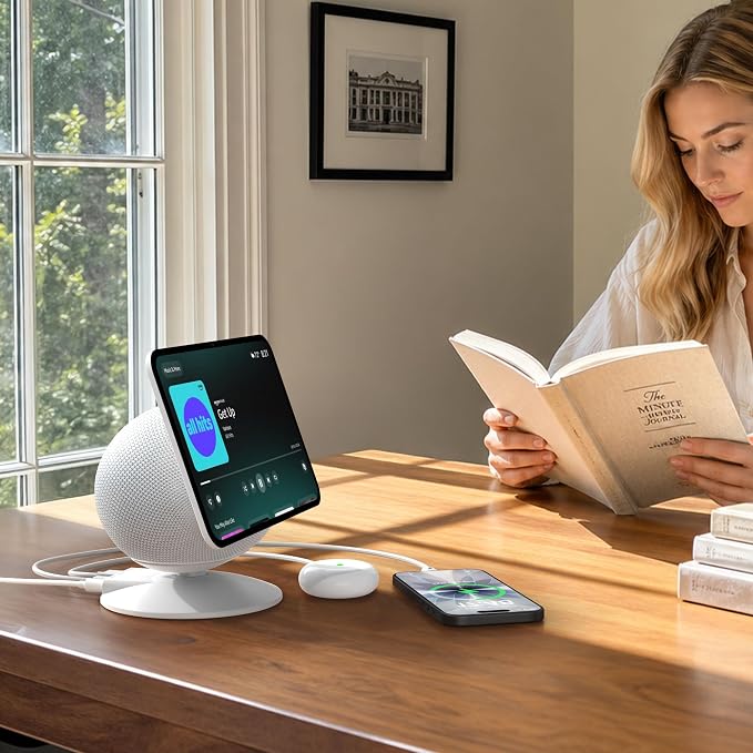 HomeMount Show 11 Stand, Magnetic Adjustable Charging Stand with USB-C & USB-A Ports, 270° Swivel Base, Fits Show 11 and 2025 Show 8, for Phones & Earbuds (Charging-White)