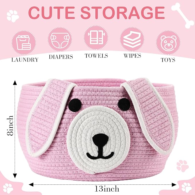 Zopeal Woven Dog Basket with Handle Toy Storage, Pink, 13 x 8 Inch | Pet Gift Basket, Toys Storage Organizer, Cotton Rope Rectangular Bin, Keeps Puppy Items Organized, Sturdy Handles