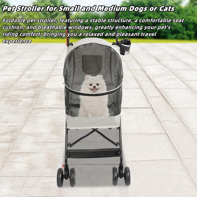 Pet Stroller for Small Medium Dogs Up to 22lbs, 4 Wheels Folding Pet Carriage Cart for Dogs Cats, Portable Cat Puppy Jogging Stroller with Rear Pocket and Cup Holder (Gray)