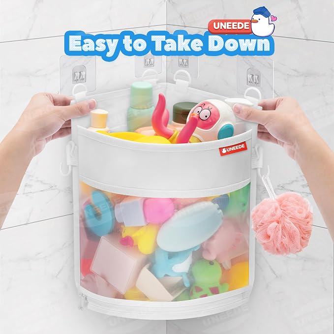 UNEEDE 3.5 Gallons Corner Mounted Versatile Bath Toy Organizer | Mesh Shower Caddy for Bathtub Toy Organizer and Storage, Quick Dry Bath Toy Holder
