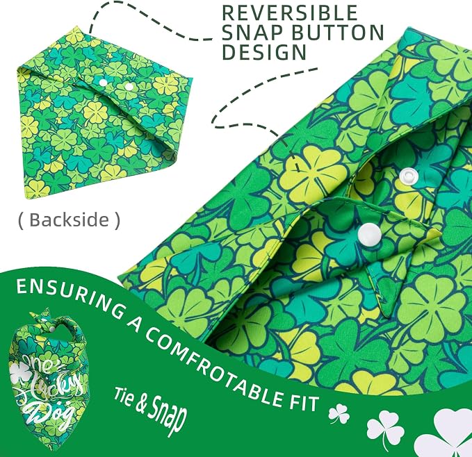 Dog Bandana for St. Patricks Day 2-in-1 Reversible - One Lucky Dog & 4-Leaf Clover Design, Pet Scarf with Snap Button Cute Lucky Holiday Costumes, Medium & Large Breeds (30-75lbs)