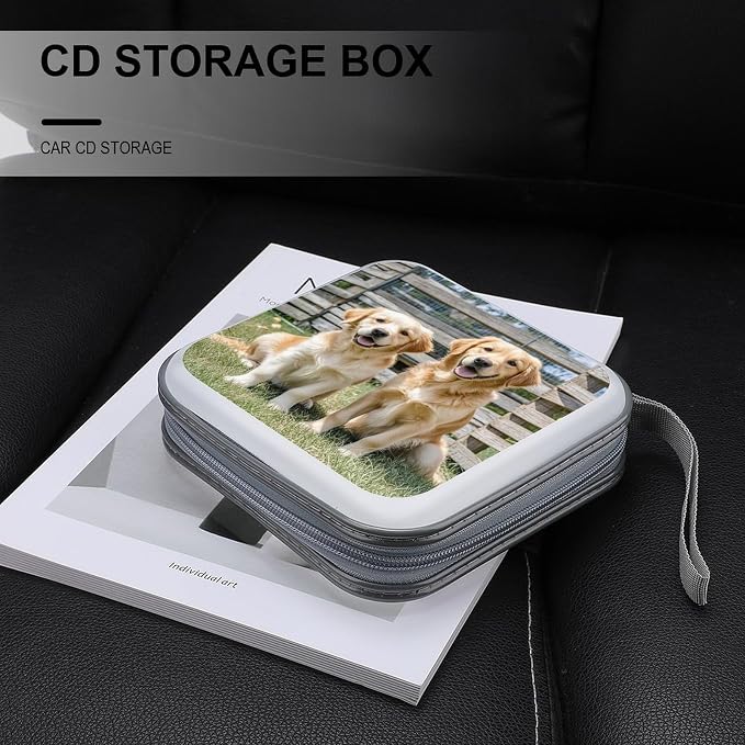 Golden Retriever Dogs Puppies Pets DVD Case, 40 Capacity CD Case Holder with Zippers, Portable CD Holder Hard Plastic Disc Cases Personalized DVD Wallet Organizer for Car Home Travel