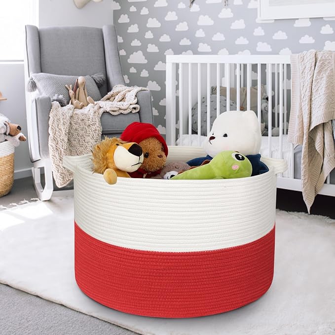 MEGASKET Large Red Baskets for Storage, 22x14 Wicker Woven Storage Basket, Blanket Organizer, Kids Toy Bin Box, Bathroom Beach Towel Basket, Basket for Gifts Decor, Fireplace Living Room Decoration
