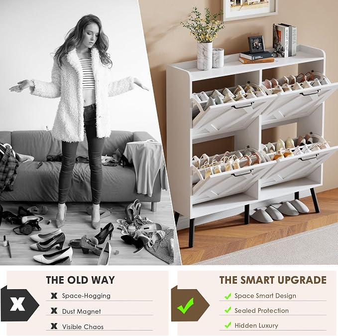 Shoe Cabinet with 4 Flip Drawers, Freestanding Shoe Organizer Cabinet with Metal Legs, Farmhouse Slim Shoe Rack Cabinet for Entryway, Foyer, Hallway, White