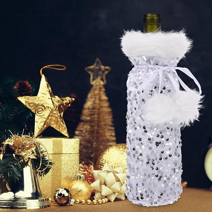 TEHAUX Wine for Bag Bottle Cover with Plush Silver and Christmas Pet Material Protective Drawstring Bottle Bag and Decoration Holiday Coffee Shop and Home Use