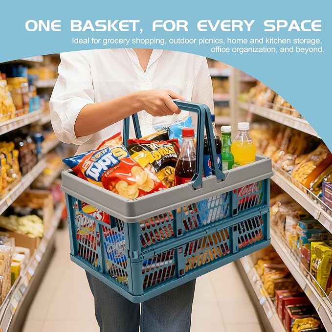 VALESKA 17" Plastic Milk Crate (Deepblue),33L Collapsible Crates for Storage, Foldable Collapsible Shopping Basket with Handles,Car Trunk Basket,for Kitchen