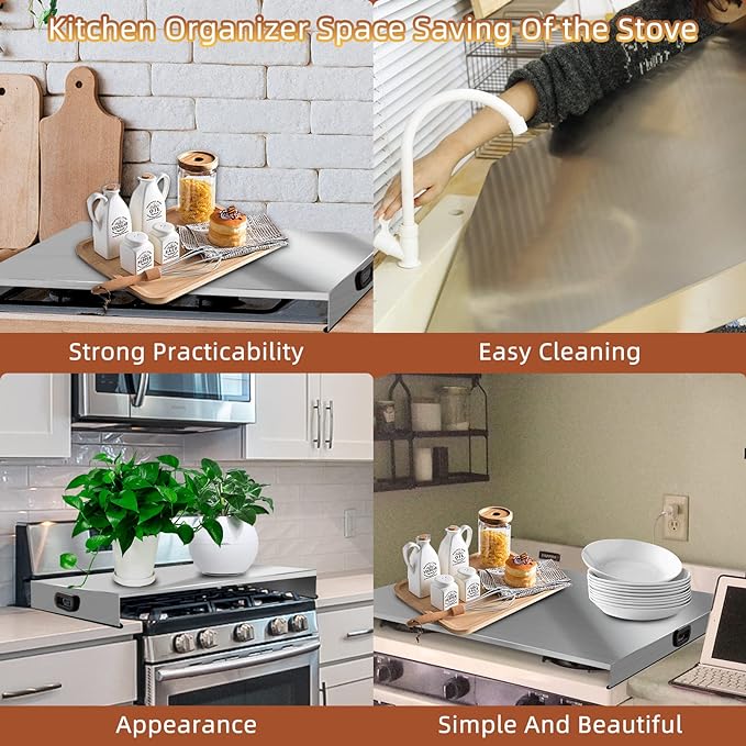Stainless Steel Gas Stove Top Cover, Noodle Board Cooktop Cover, Kitchen Organizer for Gas and Electric Stove Range Expanding Kitchen Space, Large Size 30"x 22"x3", Sliver