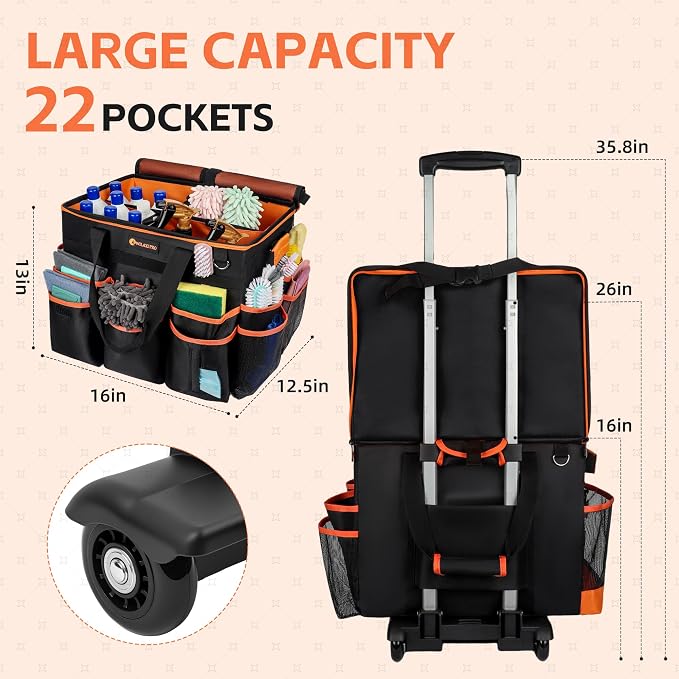 WILAXI PRO Large Rolling Cleaning Caddy with Wheels and Detachable Trolley, Extra Large Water-Resistant Cleaning Cart for Housekeepers, Cleaning Supplies Organizer with Multi-Pockets Tools Storage