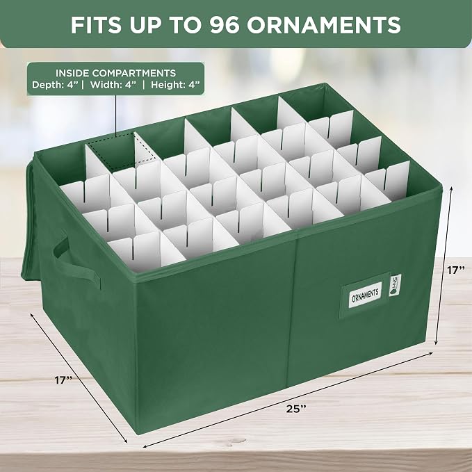 Christmas Ornament Storage Container with Dividers - Box Stores Up to 96 Ornaments, Zippered, Convenient, Adjustable, Large Organizer Bin to Protect Holiday Décor, Fits Most Standard Size, Green