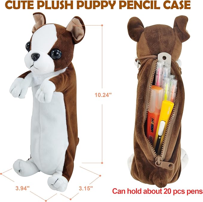 BB FUN HOUSE Pencil Case for Kids, 3D Plush Animal Dog Dinosaur Pencil Pouch Soft Stationery Storage Pen Bag for Girls and Boys School Supplies