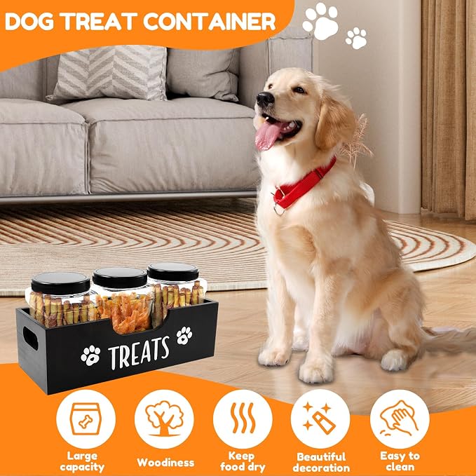 Dog Treat Container, Wood Dog Treat Holder with 3 Plastic Jar and Lid, Multifunctional Pet Food Organizer for Home Living Room Kitchen