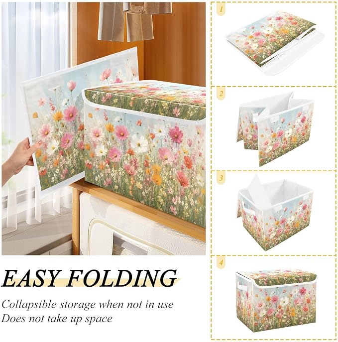 Fabric Storage Bins with Lid Flower Garden Closet Storage Basket 40L | Decorative Storage Boxes, Foldable & Stackable, Dust-Proof Flip Top, Reinforced Handles, For Home & Dorm, Clothes & Toy Box