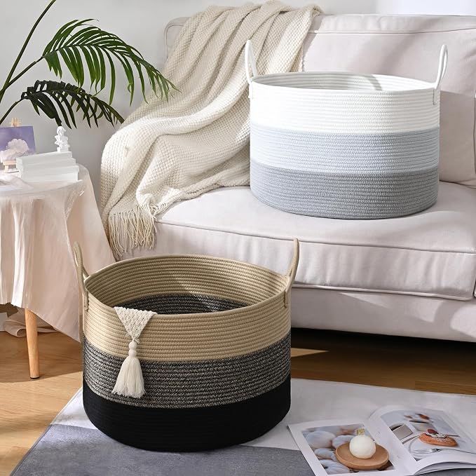 67L Large Woven Blanket Basket, Cotton Rope Baby Laundry Hamper with Handles, Kids Toy Basket for Classroom & Nursery, Soft Round Stuffed Animal Storage, Dog Toy Bin - 20"x13", Gray