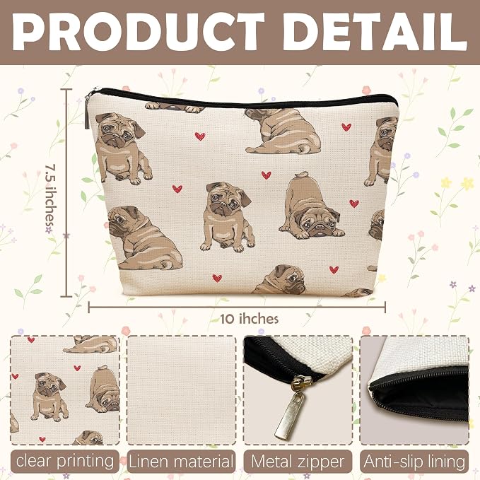 Pug Dog Makeup Bag, Pug Lovers Gifts Cosmetic Bag for Women, Dog Mom Lovers Owner Gifts for Women, Pet Lover Gift Zipper Travel Makeup Pouch for Purse