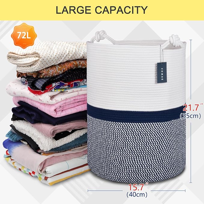 COMSE Tall Woven Blanket & Laundry Basket, 72L, Blend White & Navy Blue | 15.7”x 21.7”, Cotton Rope, Large Nursery Hamper for Storage of Toys Clothes Towels, Great for Living Rooms Bedrooms Bathrooms