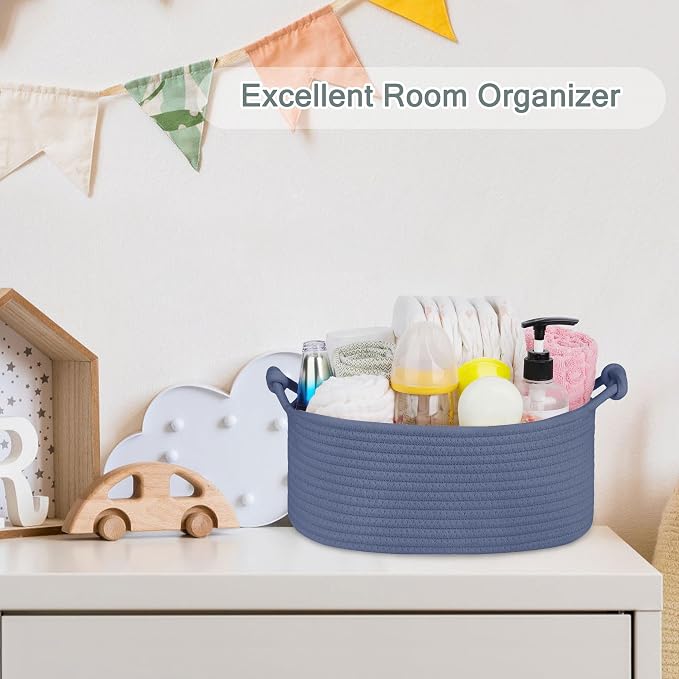 COMSE Small Gift Basket Empty with Bag & Ribbons, Solid Folkstone Gray | Cotton Rope, 12"x 8"x 5", Pet Toy Storage Organizer, Woven Basket for Birthdays, Baby Showers, Mother’s Day, Valentine’s Day