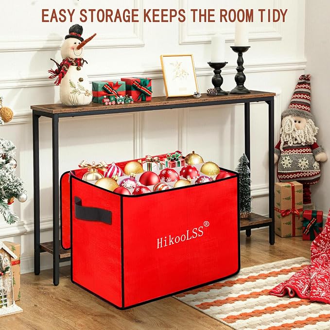 HikooLSS Christmas Ornament Storage Box - Stores up to 72 Holiday Ornaments | With Adjustable Dividers,Covered Top and Two Handles,Double Zipper. PE Material Keeps Holiday Ornaments Clean and Dry (Red)